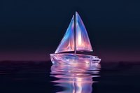 Glowing sailboat with translucent sails reflects on dark water surface against purple sunset sky, creating dreamy atmospheric scene with neon light effects.