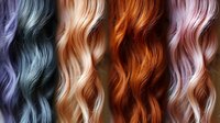 Colorful wavy hair strands in purple, teal, blonde, copper, and pink tones arranged side by side, showcasing trendy hair color options for salon styling.