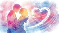 Romantic couple silhouettes embracing with glowing heart symbol in colorful watercolor background for Valentine's Day and love themed designs.