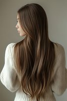Young woman with long straight brown hair in profile view wearing white knit sweater against neutral background. Natural beauty and haircare concept.