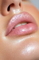 Close-up of glossy pink lips with sparkly glitter makeup and dewy skin highlighting professional beauty cosmetics application for makeup artistry and glamour.