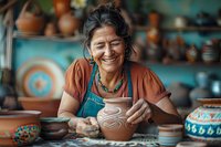 Mature Native American female artisan creating traditional pottery, wearing turquoise necklace and apron, working in ceramic studio with decorative clay vessels background.