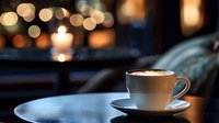 Steaming cup of coffee on saucer with warm bokeh lights in cozy evening setting, suitable for café, lifestyle, and beverage marketing materials.