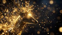 Golden deer head with sparkling particles and bokeh lights on dark background, suitable for luxury branding, holiday campaigns, and festive design projects.