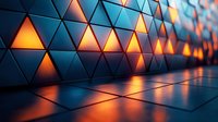 Glowing orange and blue triangular wall pattern with dramatic lighting and reflective floor surface creates futuristic architectural background effect.