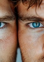 Striking close-up of intense blue eyes with detailed iris pattern and natural skin texture, capturing raw emotion and human connection in macro photography.