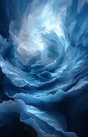 Swirling abstract blue waves create dramatic depth with light streaming through translucent layers, evoking underwater caves or northern lights in motion.