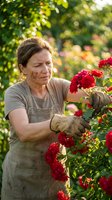 Middle-aged Caucasian woman gardener in apron tending red roses in sunny garden. Professional horticulturist pruning flowers outdoors for landscaping and plant care.