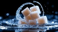 Macro shot of brown sugar cubes with sparkling sugar crystals against dark background, creating dramatic contrast for food industry advertising.