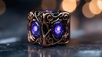 Ornate bronze ring with glowing purple galaxy gems set in intricate Celtic-style metalwork design, captured in atmospheric lighting with bokeh background.
