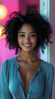 Young woman with natural curly afro hair smiling confidently against vibrant pink and turquoise background, wearing teal blouse and delicate gold necklace. Bright authentic portrait.