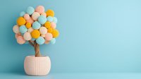 Decorative cotton ball tree in pink pot featuring pastel blue, peach and yellow balls arranged as foliage against turquoise background with copy space.