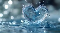 Heart-shaped water splash with droplets creating romantic form against blurred bokeh background, frozen moment of liquid dynamics in cool blue tones.