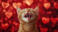 Happy ginger cat laughing with closed eyes against red bokeh heart background, expressing joy and love. Valentine's day or romantic mood concept.