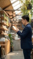Asian businessman using smartphone for online shopping with digital cart icons floating above device in modern greenhouse cafe setting.