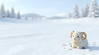Cute sheep figurine standing in snowy winter landscape with frosted evergreen trees and mountains in background, isolated on white snow for seasonal holiday and festive design projects.