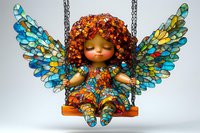 Whimsical fairy doll with mosaic wings sitting on wooden swing, wearing floral dress and crown. Colorful stained glass style wings in blue and yellow tones.