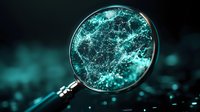 Magnifying glass revealing glowing turquoise network connections on dark background, symbolizing data analysis and digital investigation concept.