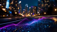 Futuristic digital wave with glowing neon lights and sparkles against blurred city skyline at night, modern technology concept for business and innovation background.