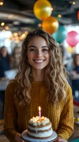 Young Caucasian woman with wavy blonde hair wearing mustard sweater smiles while holding birthday cake with lit candle, colorful balloons and bokeh lights in background.