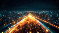 Futuristic city highway with light trails and glowing streaks creating dynamic motion effect against urban skyline at night. Modern cityscape with illuminated buildings.