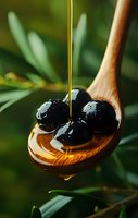 Fresh black olives on wooden spoon with golden olive oil dripping, green leaves background. Close up macro food photography with natural lighting.