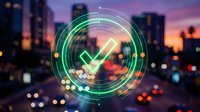 Digital clock interface with glowing green circles overlaying blurred city skyline at sunset. Modern time management and urban technology concept.