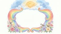 Watercolor rainbow frame with sun, clouds, birds, and flowers, isolated on white background, ready for greeting cards and design use.