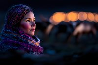 Young woman wearing colorful knitted scarf and hat in evening light with blurred bokeh background, side profile portrait capturing contemplative expression.