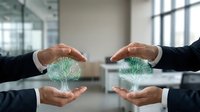 Business professionals protecting glowing digital tree with hands symbolizing environmental sustainability and corporate responsibility in modern office.