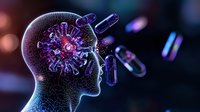 Glowing purple virus particles entering human head silhouette on dark background with bokeh effect, showing concept of infection and disease transmission in brain.