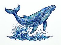 Decorative whale with ornamental wave patterns in blue tones, isolated on white background, suitable for t-shirt design, wall art, and print applications.