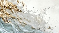 Luxurious abstract fluid art background in white, gold and soft blue tones with metallic texture and marble effect creates elegant flowing pattern.