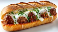 Delicious meatball submarine sandwich with melted cheese and fresh herbs on crusty bread roll against white background for food advertising.