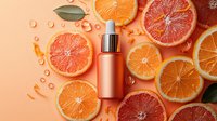 Fresh citrus slices of orange and grapefruit with vitamin C serum bottle on coral background, water drops and green leaves for cosmetic skincare concept.