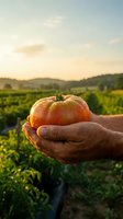 Farmer holding ripe red tomato in hands over green field at sunset, showcasing fresh organic produce harvest and sustainable agriculture for farming and food industry use.