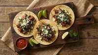 Mexican street tacos with seasoned beef, fresh cilantro, onions, and crumbly cheese served on corn tortillas with lime wedges and salsa on rustic wooden board.
