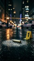 Crime scene investigation with bullet casing and evidence marker on wet urban street at night with police tape and blurred city lights background.