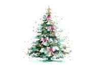 Watercolor Christmas tree with pink bows and gold star topper, decorated with sparkling ornaments and festive accents for holiday greeting cards and seasonal designs.