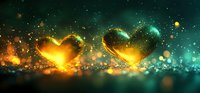 Glowing golden hearts with magical sparkles and bokeh effects on dark turquoise background, romantic Valentine's day celebration atmosphere.