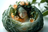Dreamy fantasy art of sleeping woman emerging from green cabbage leaves, adorned with delicate peach roses and vines, ethereal garden fairy atmosphere.