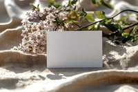 Blank white card mockup with delicate spring flowers and green leaves on natural linen fabric in soft sunlight.