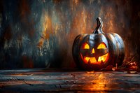 Spooky glowing Halloween jack o lantern pumpkin with carved face on dark rustic background with orange light. Perfect for seasonal holiday cards and autumn festivities.