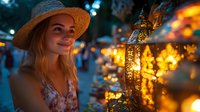 Young woman in straw hat smiling at evening market with glowing oriental lanterns creating magical atmosphere. Warm golden lights and bokeh background create festive mood.