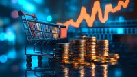 Shopping cart on stack of coins with rising orange graph line, illuminated by blue bokeh lights, representing retail market growth and consumer spending trends.