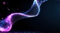 Glowing particle wave with purple and blue light effects on dark background, flowing dynamic motion trail of sparkling dots creating abstract cosmic design.