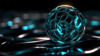 Glowing turquoise sphere with abstract network pattern on dark reflective surface creates futuristic sci-fi atmosphere. Suitable for technology and innovation concepts.