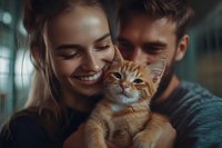 Young couple holding ginger cat, sharing tender moment together. Close up portrait with warm moody lighting shows genuine happiness and connection between pet owners.