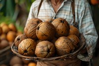 Fresh brown coconuts in woven basket held by farmer in plaid shirt and suspenders, organic tropical harvest with natural textured husks in warm lighting.