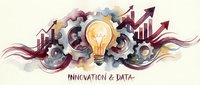Light bulb with gears and upward arrows representing innovation, data analysis and business growth on isolated white background for design projects.